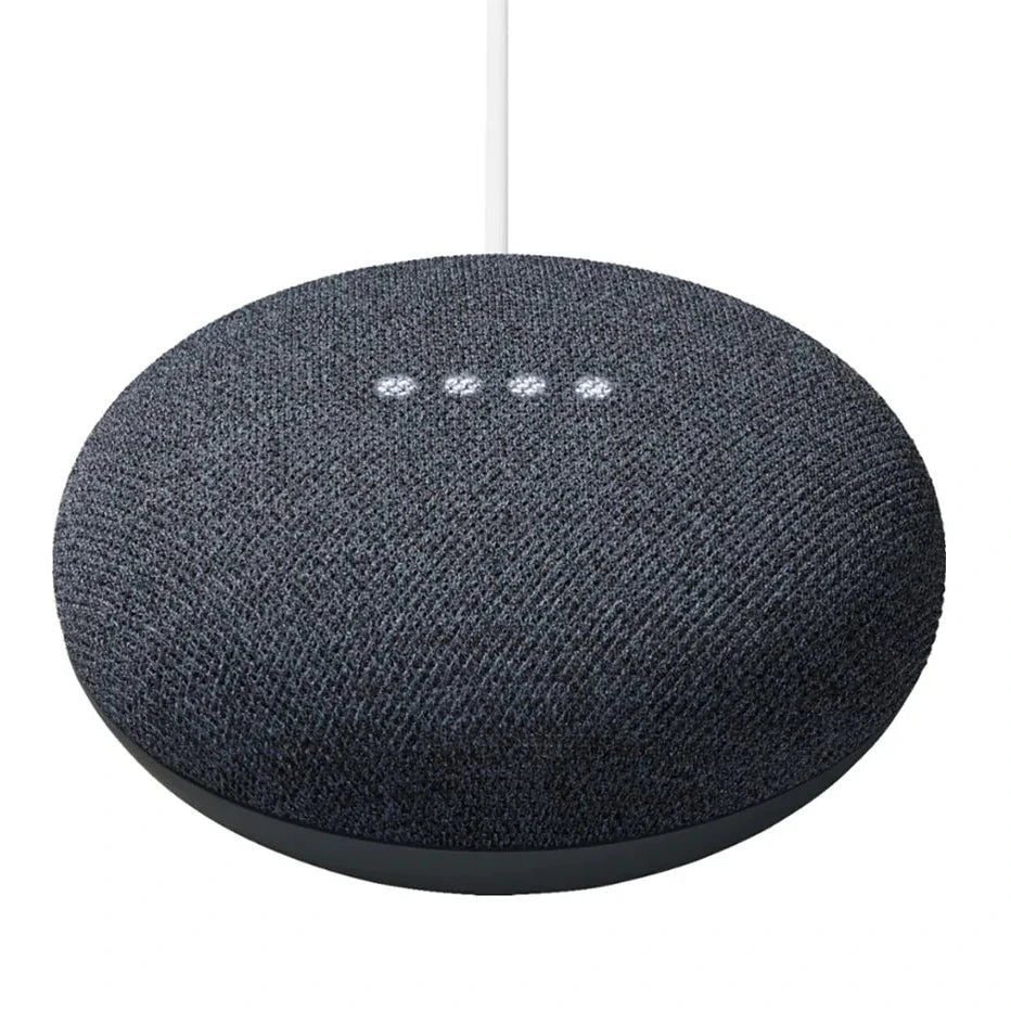 Black smart speaker with LED indicator lights on a white background