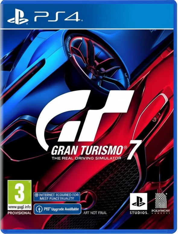 Gran Turismo 7 game cover for PS4 with red and blue car design.