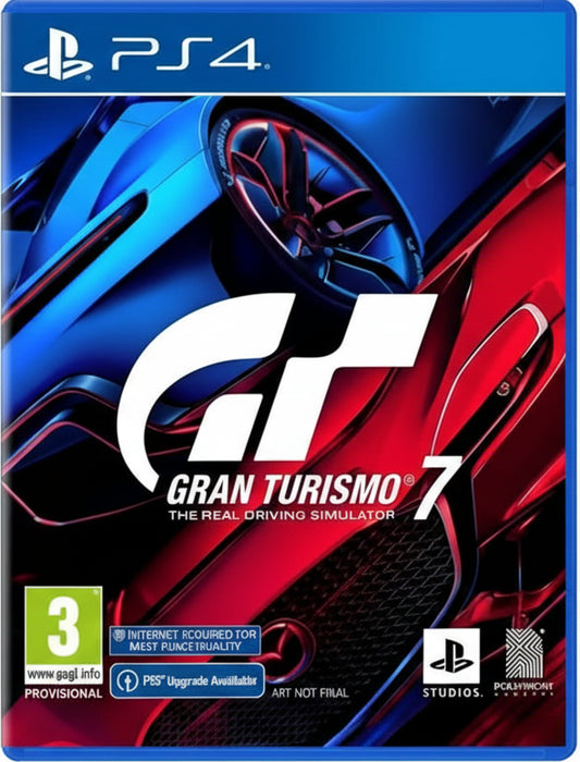 Gran Turismo 7 game cover for PS4 with red and blue car design.