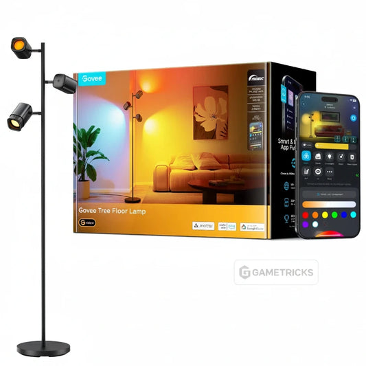 Govee tree floor lamp with packaging and smartphone app on a white background