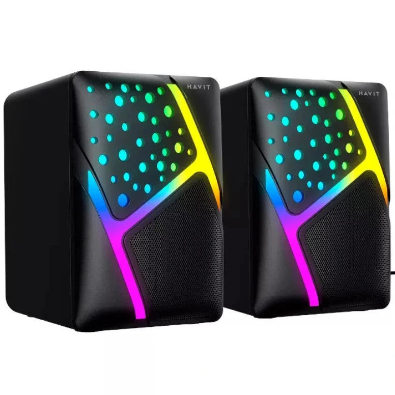 Pair of Havit RGB speakers on a white background