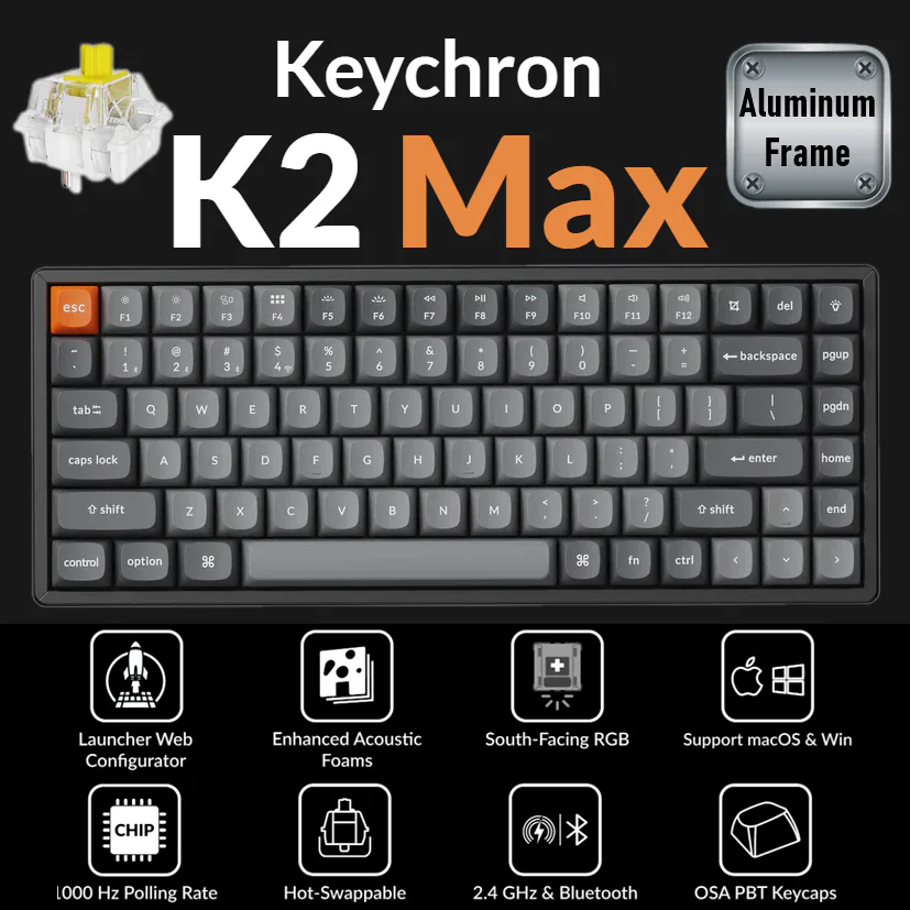 Keychron K2 Max QMK Wireless Mechanical Keyboard With 75% Layout, Super Banana Switch