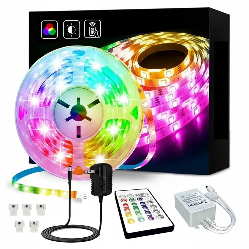 RGB LED strip light set with remote control and power adapter on a white background
