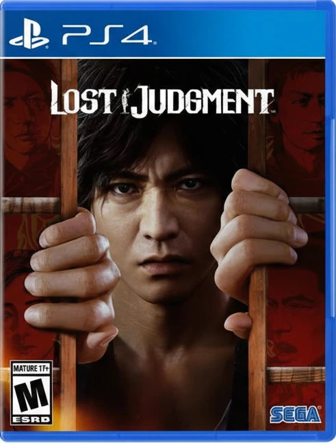 Game cover of 'Lost Judgment' for PS4 with a character holding bars.
