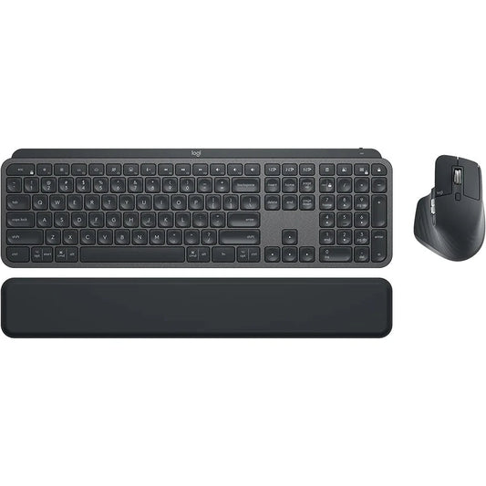 Black keyboard, mouse, and wrist rest on a white background