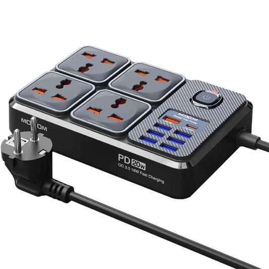 Power adapter with multiple outlets and USB ports on a white background