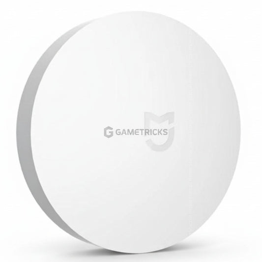 White round device with a logo on a white background