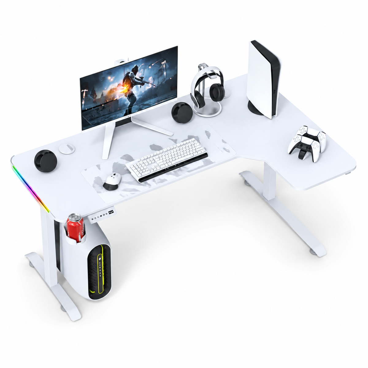 L-Shaped 160cm RGB Gaming Desk with Cup & Headset Holder - White gametricks