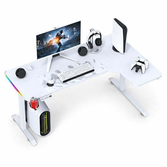 L-Shaped 160cm RGB Gaming Desk with Cup & Headset Holder - White gametricks