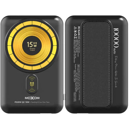 Black power bank with yellow circular design on a white background