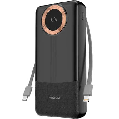 Black power bank with USB-C and Lightning ports on a white background