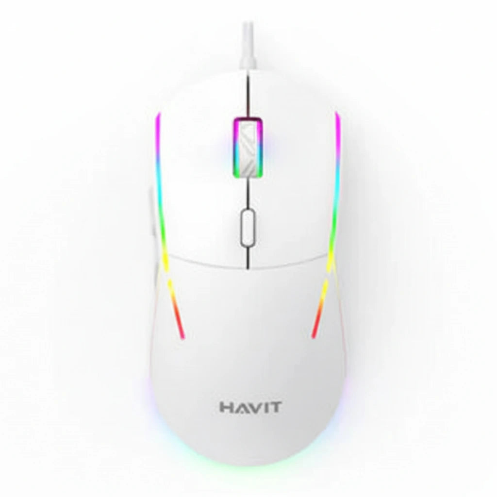 White gaming mouse with rainbow LED lighting on a white background