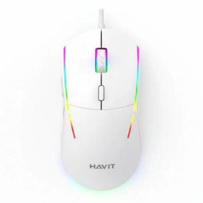 White gaming mouse with rainbow LED lighting on a white background