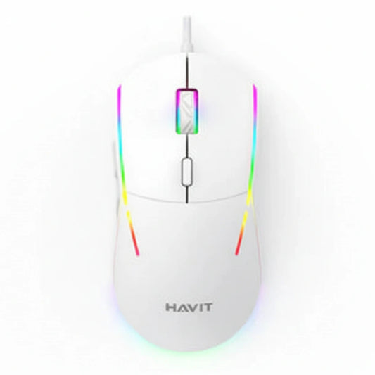 White gaming mouse with rainbow LED lighting on a white background