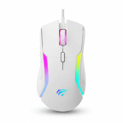 White gaming mouse with RGB lighting on a white background