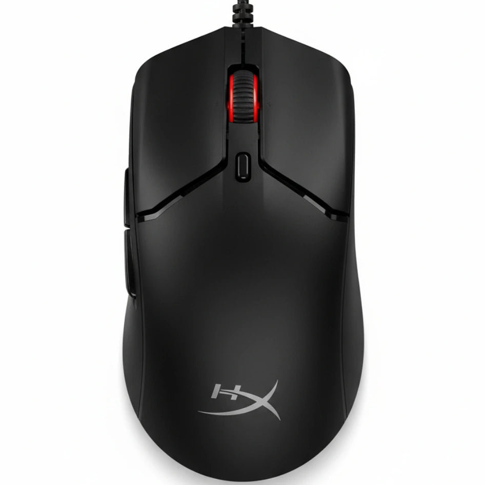 Black gaming mouse with visible brand logo on a white background