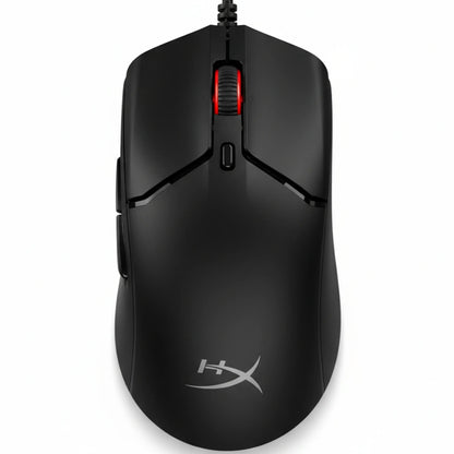 Black gaming mouse with visible brand logo on a white background