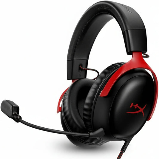 HyperX Cloud III – Wired Gaming Headset, PC, PS5, Xbox Series X|S, Angled 53mm Drivers, DTS Spatial Audio, Memory Foam, Durable Frame, Ultra-Clear 10mm Mic, USB-C, USB-A, 3.5mm – Black/Red HYPERX