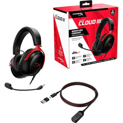HyperX Cloud III – Wired Gaming Headset, PC, PS5, Xbox Series X|S, Angled 53mm Drivers, DTS Spatial Audio, Memory Foam, Durable Frame, Ultra-Clear 10mm Mic, USB-C, USB-A, 3.5mm – Black/Red HYPERX