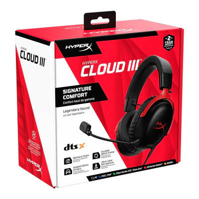HyperX Cloud III – Wired Gaming Headset, PC, PS5, Xbox Series X|S, Angled 53mm Drivers, DTS Spatial Audio, Memory Foam, Durable Frame, Ultra-Clear 10mm Mic, USB-C, USB-A, 3.5mm – Black/Red HYPERX