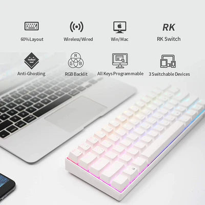 RK ROYAL KLUDGE RK61 RGB Triple Mode BT5.0/2.4G/USB-C 60% Hot-swappable Switches Mechanical Gaming Keyboard - White