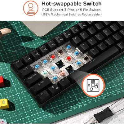 RK ROYAL KLUDGE RK61 RGB Triple Mode BT5.0/2.4G/USB-C 60% Hot-swappable Switches Mechanical Gaming Keyboard - Black