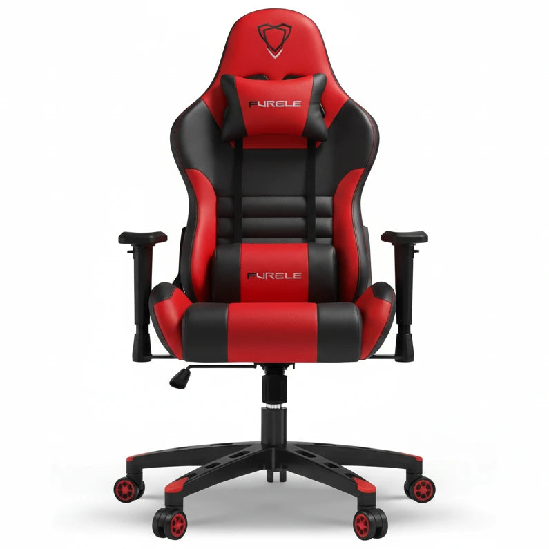 Red and black gaming chair with a visible brand logo on a white background