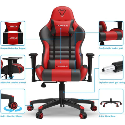 Furgle Gaming Chair, Racing Style High-Back Office Chair with Adjustable Armrests, PU Leather Ergonomic Video Game Chair with Headrest and Lumbar Support, Rocking Mode - Black/Red