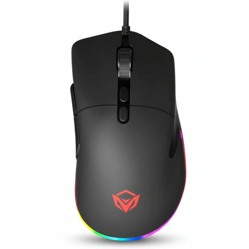Black gaming mouse with RGB lighting on a white background