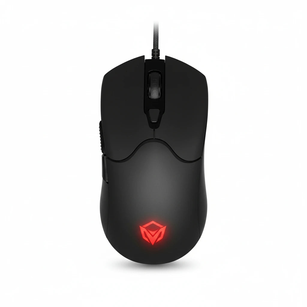 Black gaming mouse with a red logo on a white background