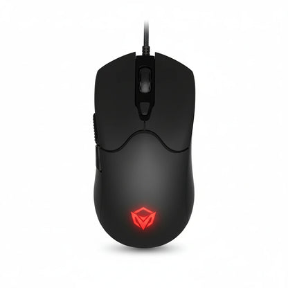 Black gaming mouse with a red logo on a white background