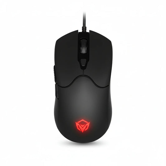 Black gaming mouse with a red logo on a white background