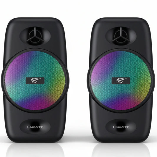 Pair of black speakers with colorful circular designs on a white background