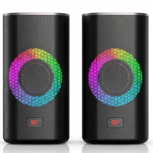 Pair of black speakers with RGB lighting on a white background