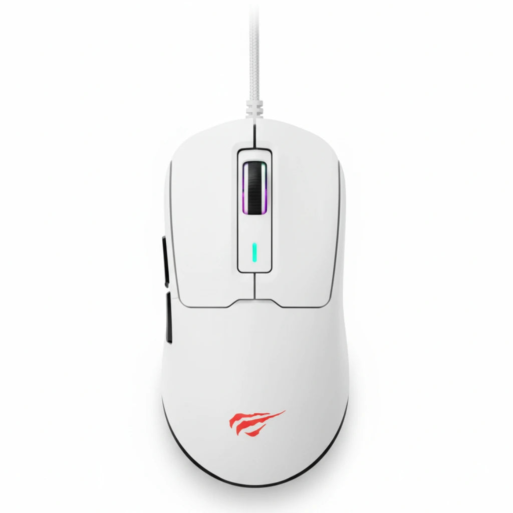 White gaming mouse with RGB lighting on a white background