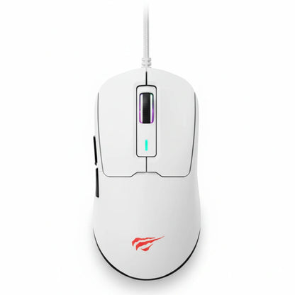 White gaming mouse with RGB lighting on a white background