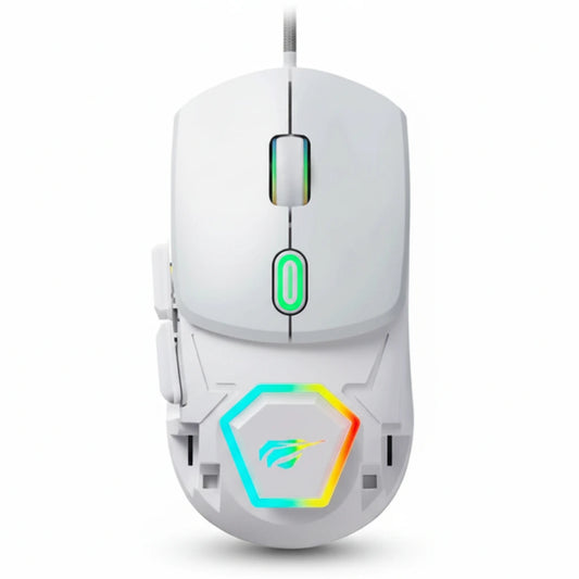 White gaming mouse with RGB lighting on a white background