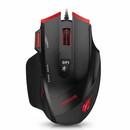 Black and red gaming mouse with visible brand logo on a white background