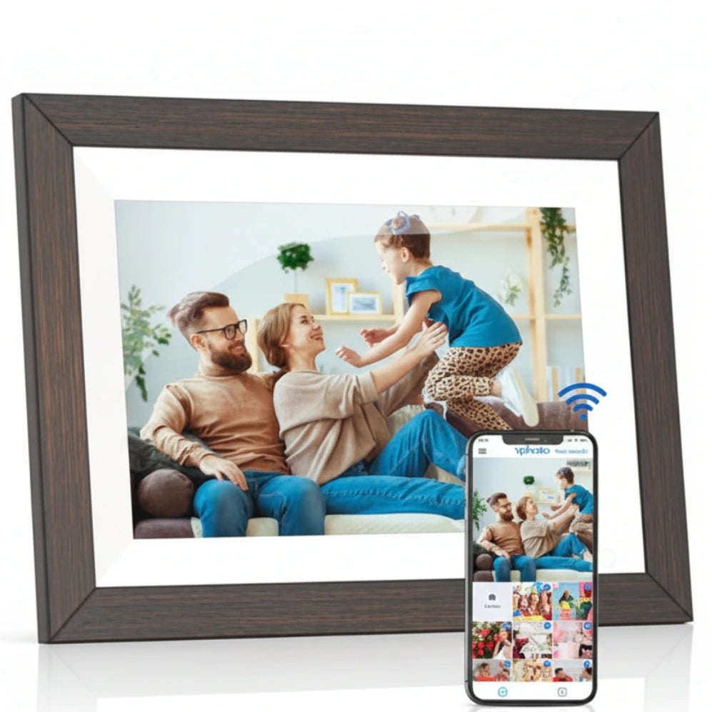 Digital photo frame displaying a family scene with a smartphone showing app interface.