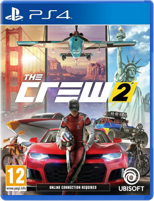 Game cover for 'The Crew 2' on PS4 with various elements like a plane, Statue of Liberty, and car.
