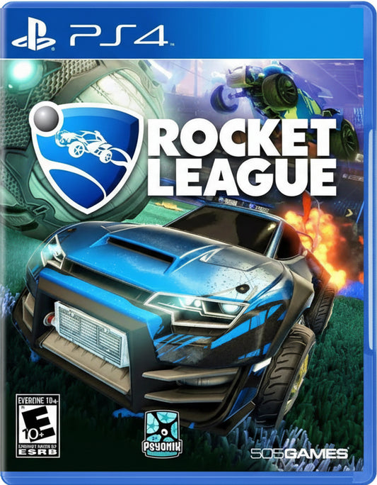 Game cover of 'Rocket League' for PS4 with a blue car and game logo.