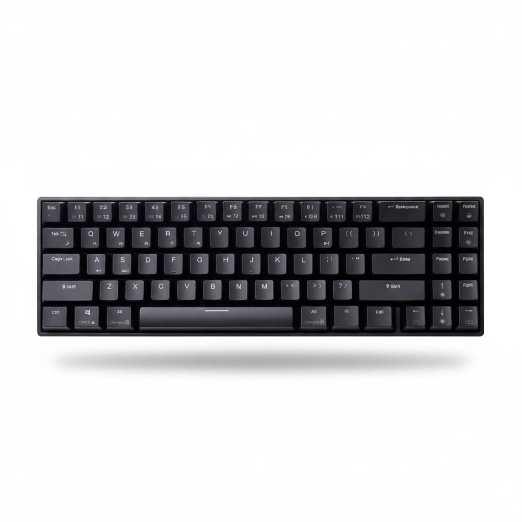Black keyboard held by a hand with text about compact design and essential function keys.