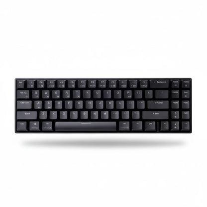 Black keyboard held by a hand with text about compact design and essential function keys.