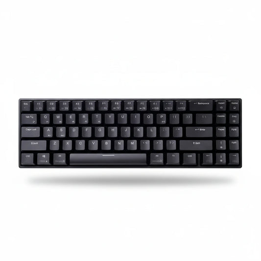 Black keyboard held by a hand with text about compact design and essential function keys.