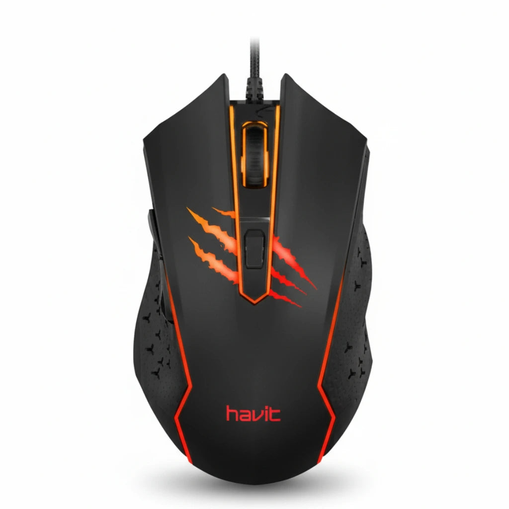 Black gaming mouse with red accents on a white background