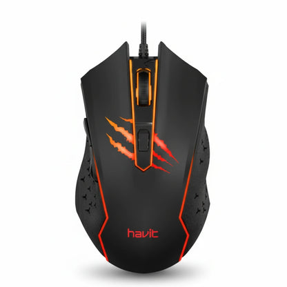 Black gaming mouse with red accents on a white background