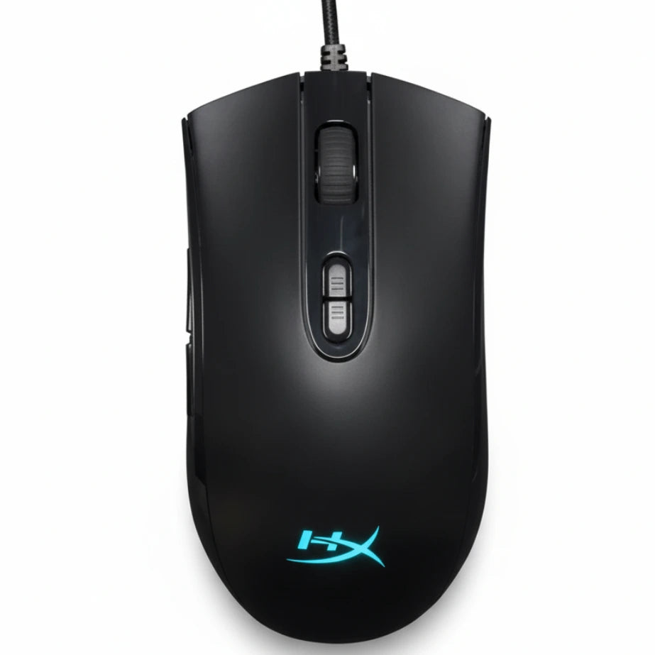 Black gaming mouse with HyperX logo on a white background