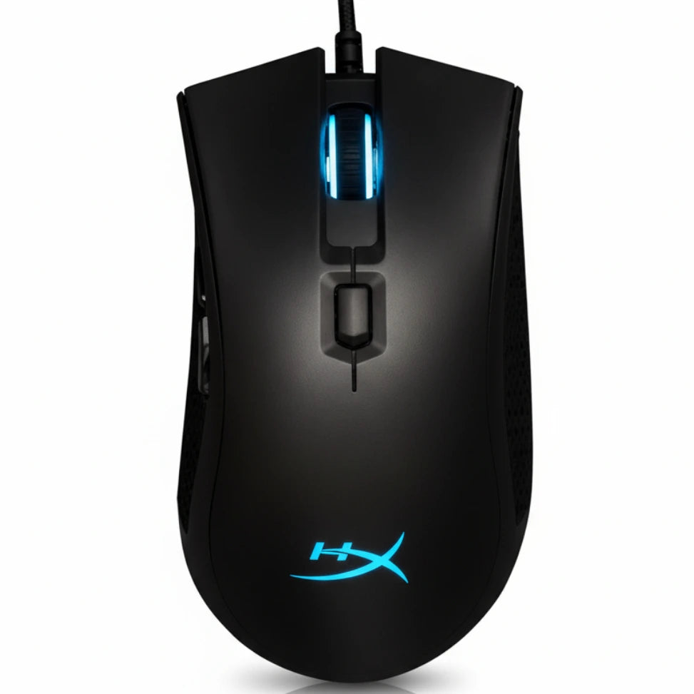 Black gaming mouse with blue lighting on a white background