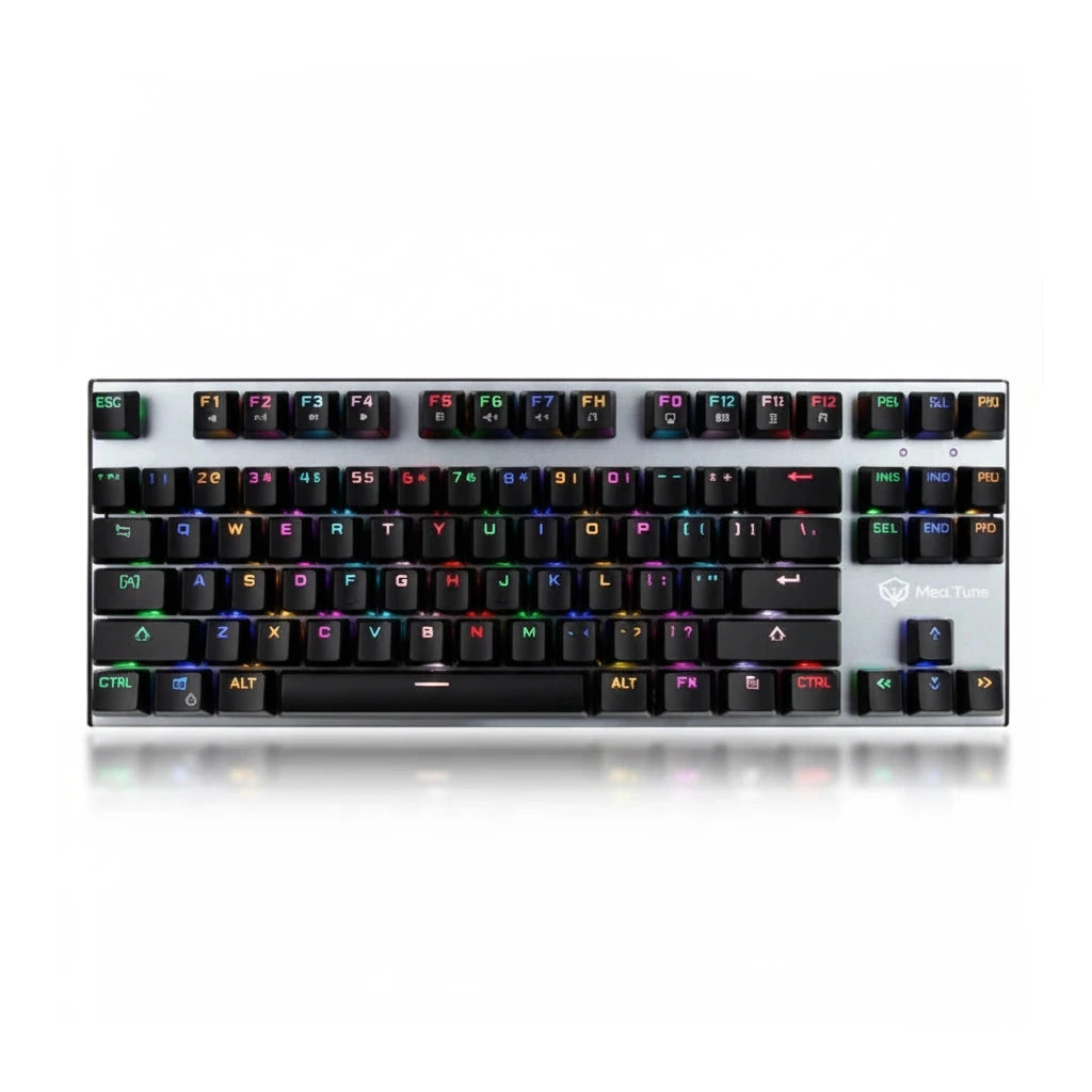 Mechanical keyboard with RGB backlighting on a white background