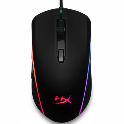 Black gaming mouse with colorful lighting effects on a white background